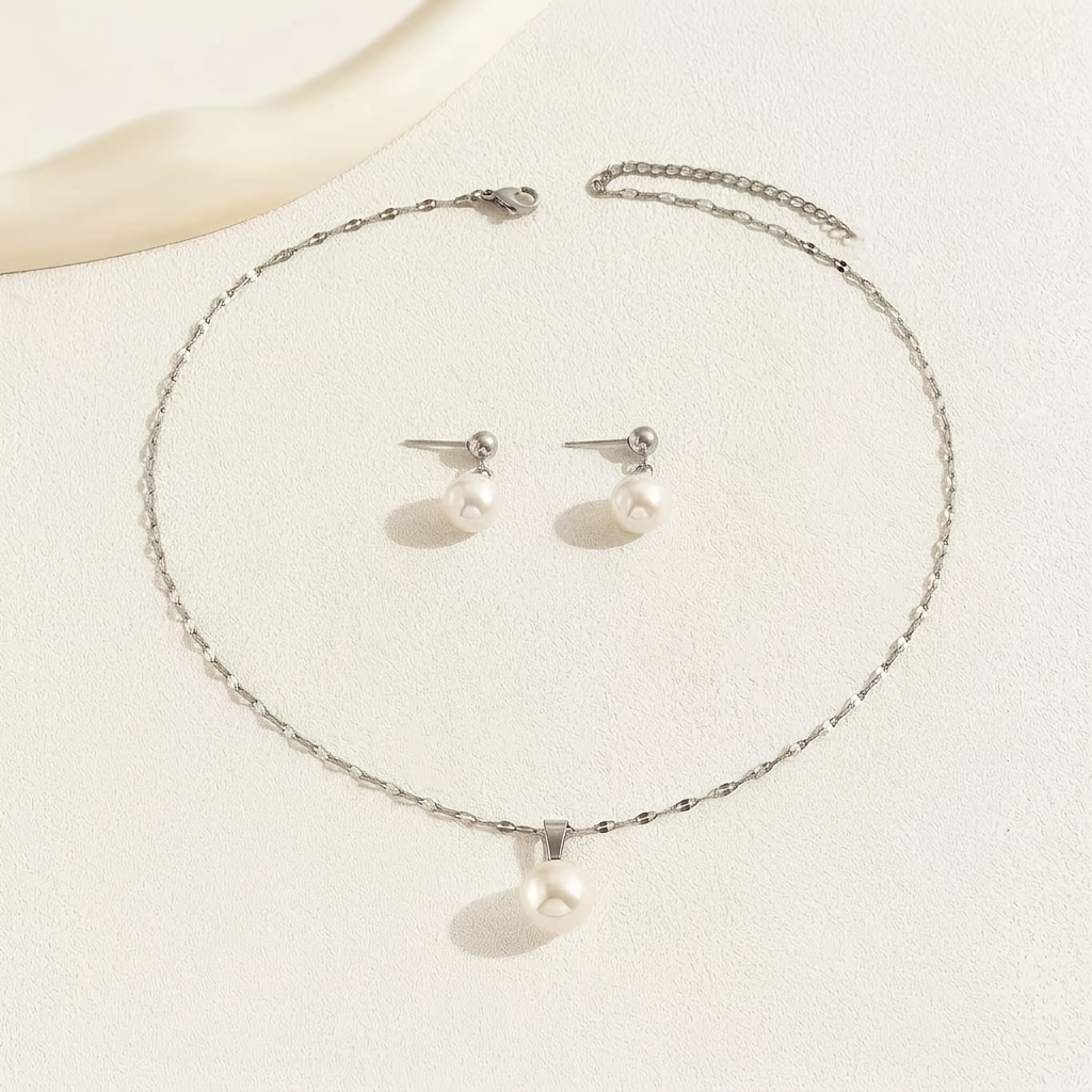 2pc Faux Pearl Necklace & Stud Earrings Set, Elegant Style